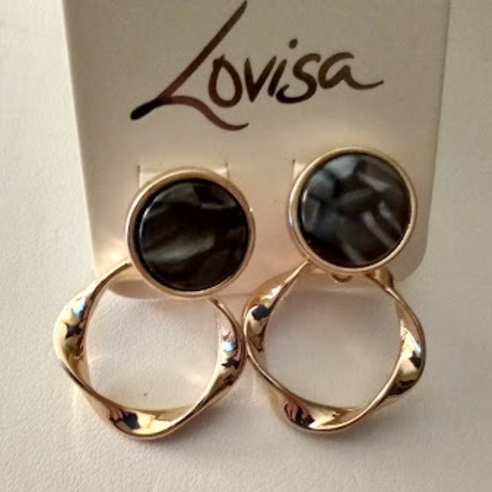 LOVISA CONTEMPORARY GOLD/BLACK MARBLE TWISTED HOOP EARRINGS**NEW!